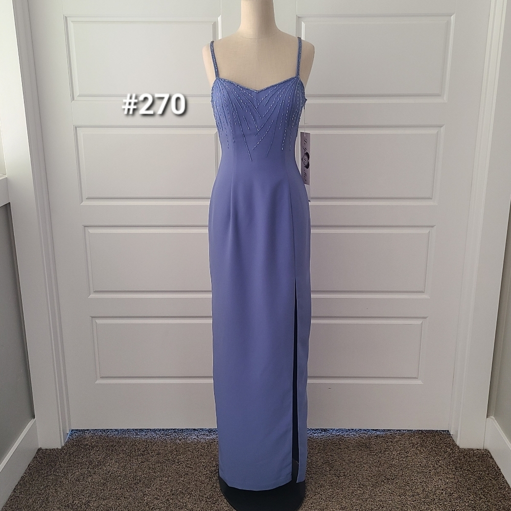 Blue Chiffon Sleeveless Beaded Column Formal Dress